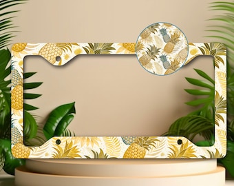 Pineapple License Plate Frame, Car Decor, Botanical Auto Tag, Tropical Gold Leaves Gift, Exotic Fruit Metal Frame