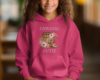 Cowgirl Cutie Hoodie, Kids Western Wear, Pink Floral Cowboy Boot, Youth Sizes Available, Casual Pullover, Girls' Rodeo Fashion