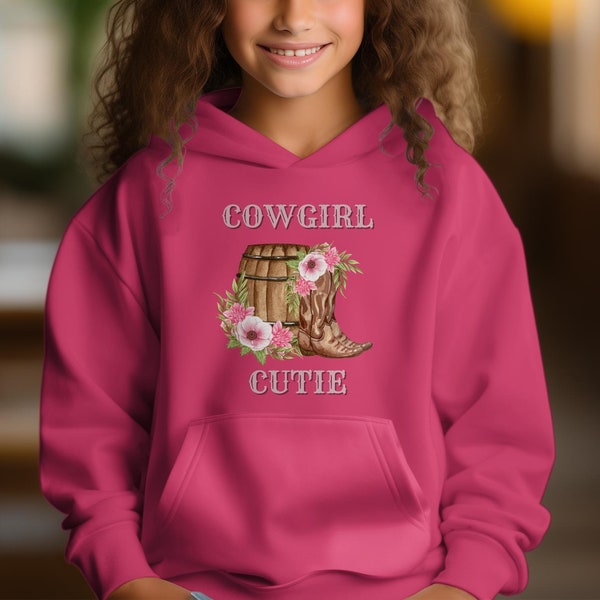 Cowgirl Cutie Hoodie, Kids Western Wear, Pink Floral Cowboy Boot, Youth Sizes Available, Casual Pullover, Girls' Rodeo Fashion