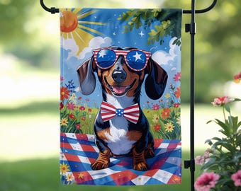Patriotic Dachshund Garden Flag, Weiner Dog 4th of July Decor, American Flag Sunglasses, Summer Outdoor Home Decor, Sausage Dog Flag