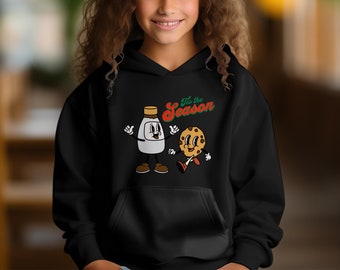 Unisex Holiday Hoodie, Cartoon Milk and Cookie, Festive Christmas Sweatshirt, Cheerful Graphic Hoodie, Youth Sizes