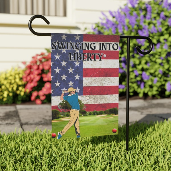 Patriotic Golf Themed Garden Flag, Swinging Into Liberty Design, American Flag Background, Outdoor Decor