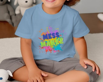 Kleurrijk Mess Maker peuter T-shirt, leuk Splatter Paint Kids Tee, creatief speelshirt voor kinderen, unieke grafische top voor peuters