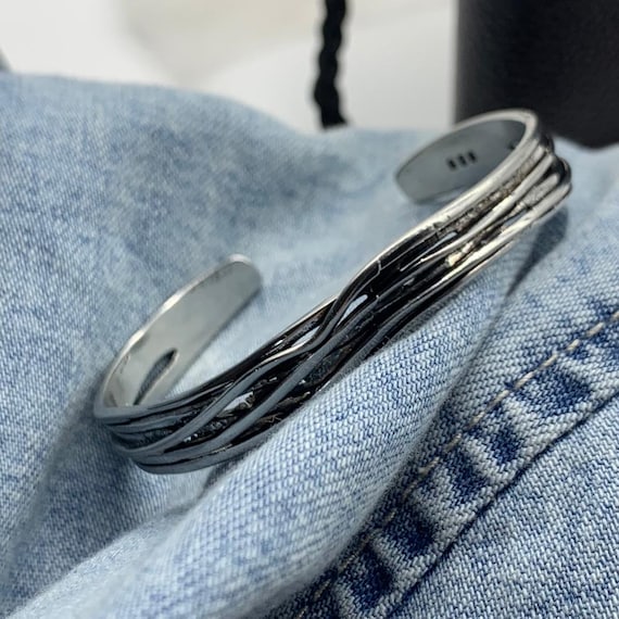 Silver Multi Layer Hammered Bangle, Handmade Textured Bangle, Chunky Cuff Bangle, Gift For Mom, Adjustable Silver Man,Valentines Day Gift