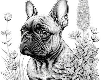 French Bulldog Coloring Sheet, AI Generated Coloring Page of A Cute French Bulldog with Flowers, Instant Download