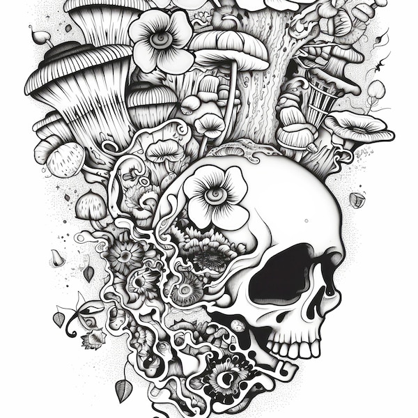 Psychedelic Skull with Mushrooms, Fantasy Adult Coloring Sheet of A Skull with Psilocybin Shrooms, Digital Download, Last-Minute Gift