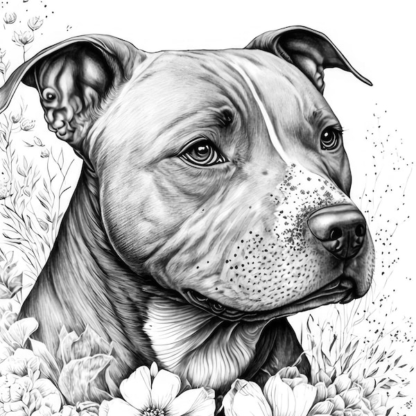 Pit Bull Terrier Adult Coloring Sheet, AI Generated Coloring Page of A Staffordshire Terrier with Flowers, Instant Download