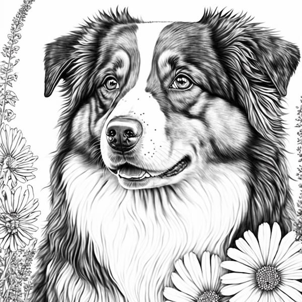 Australian Shepherd Adult Coloring Sheet, AI Generated Coloring Page of an Aussie Shephard with Flowers, Instant Download