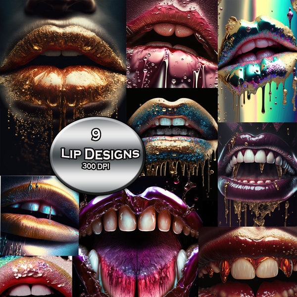 Shiny Jewel Tone Lip Designs, 9 Machine Learning Generated AI Image Files of Juicy Colorful Lips, 20" wide, 300dpi, Instant Download