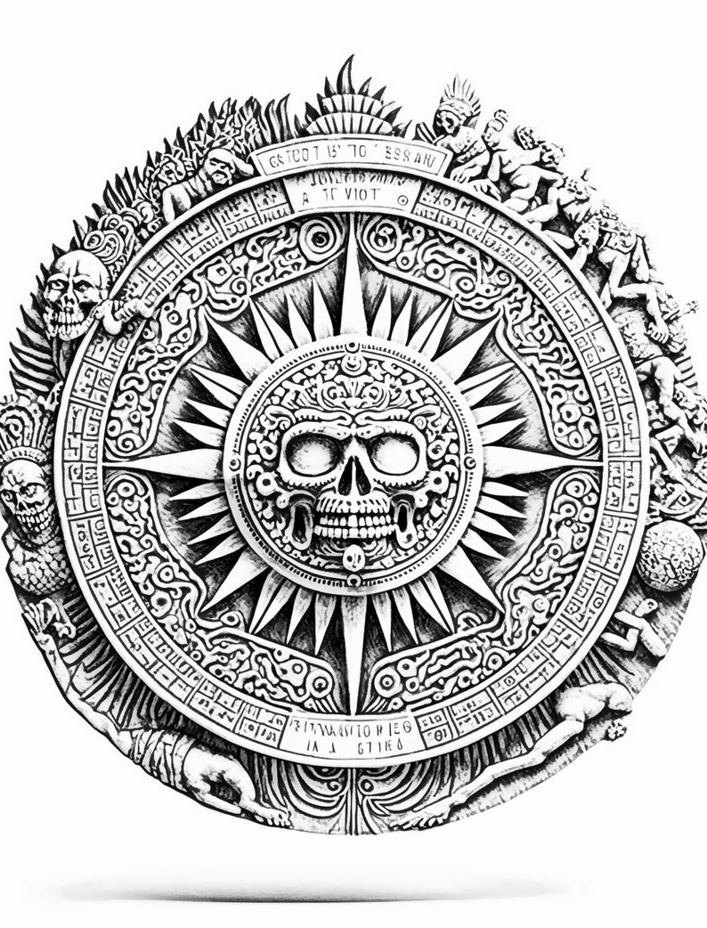 Aztec Calendar 1 Coloring Page, Adult Coloring Sheet of a Stone Aztec