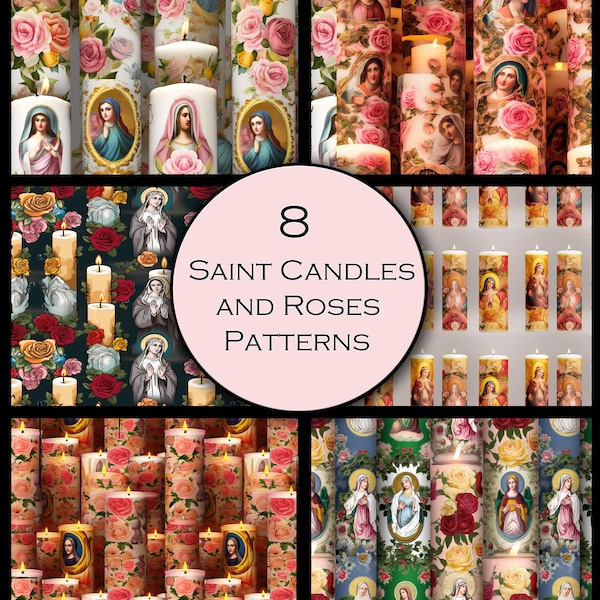 Saint Candles and Roses Patterns, Digital File of 8 Devotional Candle Designs, Printable Designs to Make Patterned Paper, Instant Download