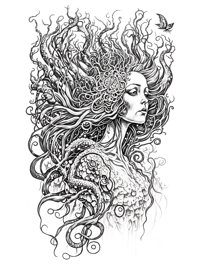Sea Queen Adult Coloring Sheet, Fantasy Adult Coloring Page of a Woman ... Sea Queen Adult Coloring Sheet, Fantasy Adult Coloring Page of a Woman ...