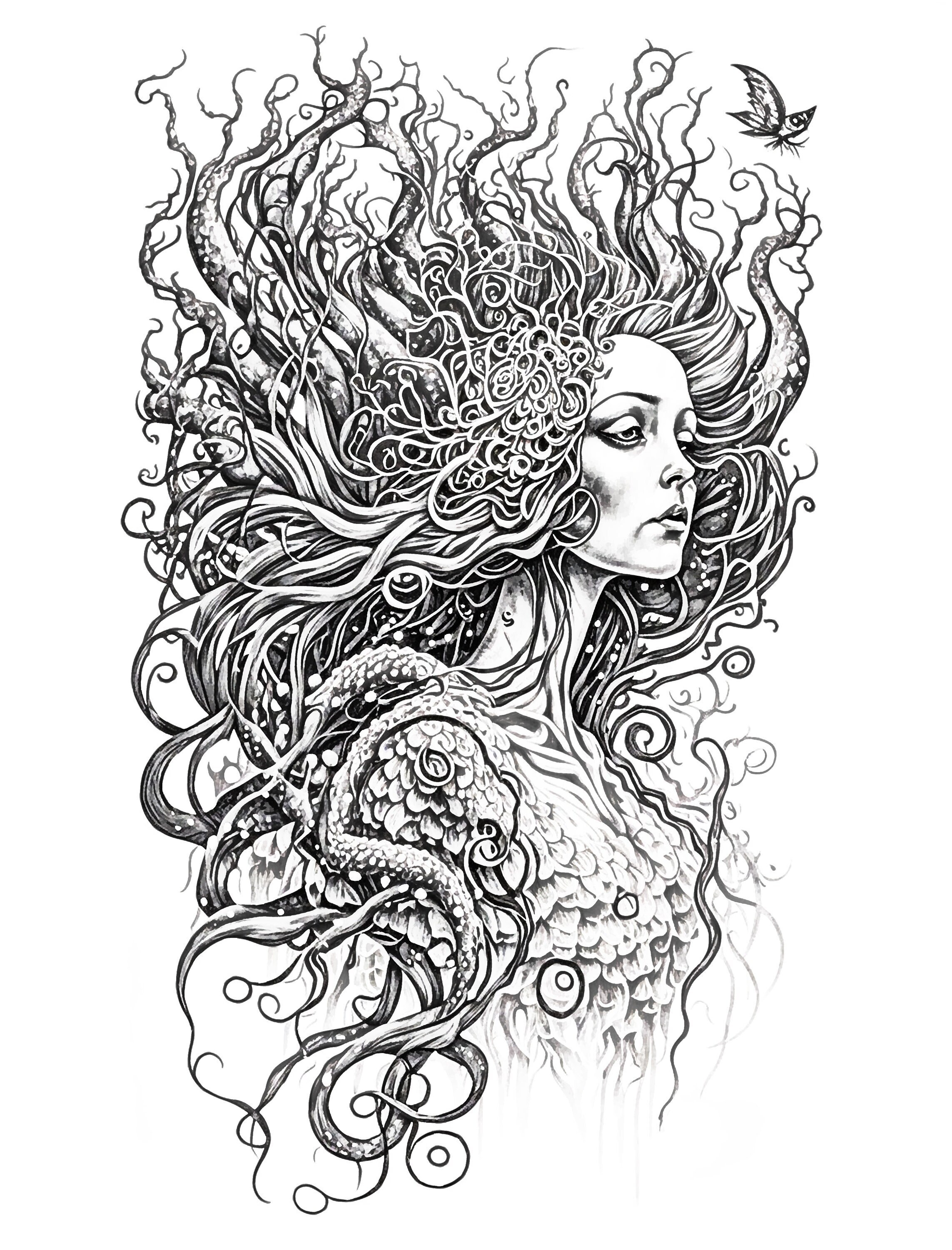 Sea Queen Adult Coloring Sheet, Fantasy Adult Coloring Page of a Woman ...