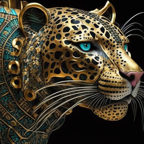 Golden Aztec Jaguar, Machine Learning Generated Ai Image File of Gilded Jaguar Spirit with Turquoise Details, Instant Download