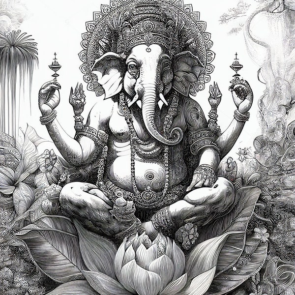 Ganesh - Coloring Sheet #2, Fantasy Adult Coloring Page of Elephant God Ganesh, Instant Digital Download,  Last-Minute Gift