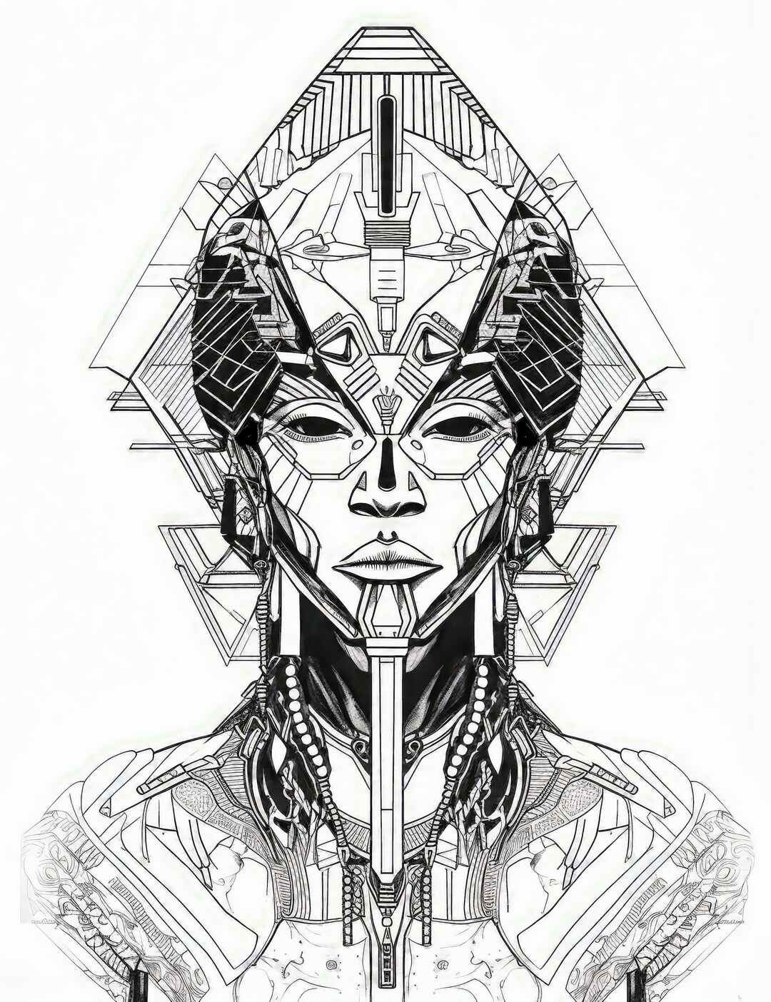 Line Drawing of an Ancient Future African King Coloring Sheet, AI Image