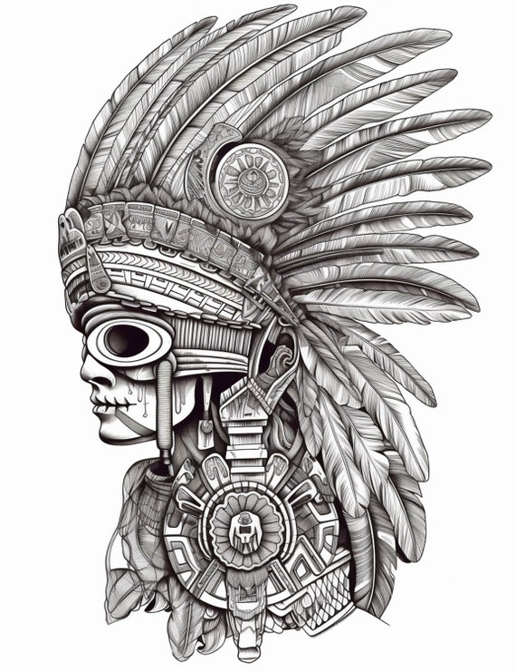 Aztec Warrior Skull Adult Coloring Page AI Machine (Instant