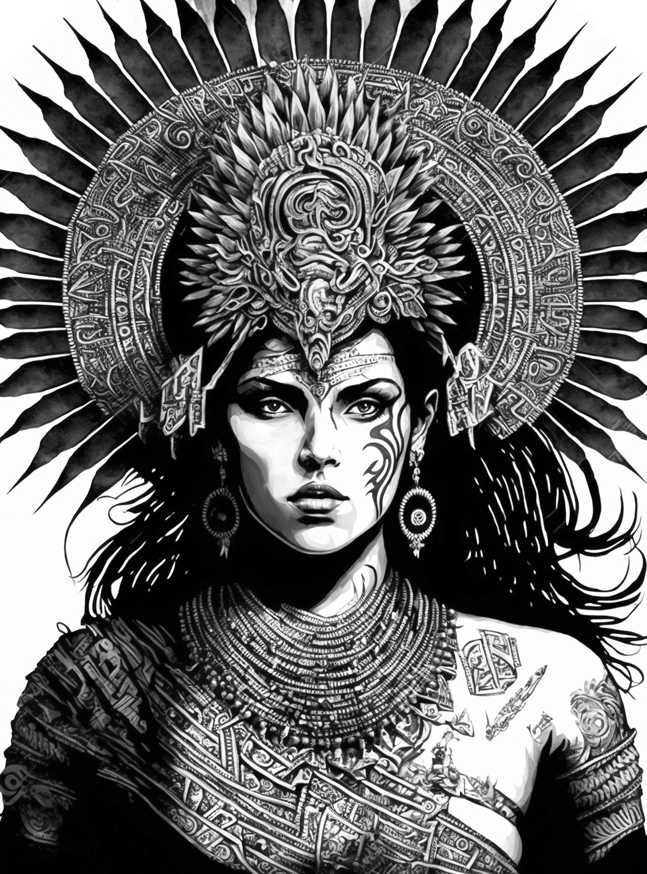 Aztec, Mayan and Olmec Warrior Queens Coloring Pages, 8 Ai Generated