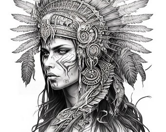 Female Aztec Warrior Coloring Page 2, Adult Coloring Sheet of the Face of a Mexica Warrior, Chicano Cultural Icon, Instant Digital Download