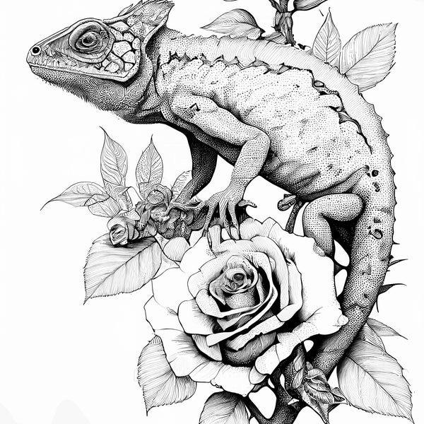 Chameleon Adult Coloring Page, Machine Learning AI Generated Coloring Sheet of a Detailed Senegal Chameleon on a Rose
