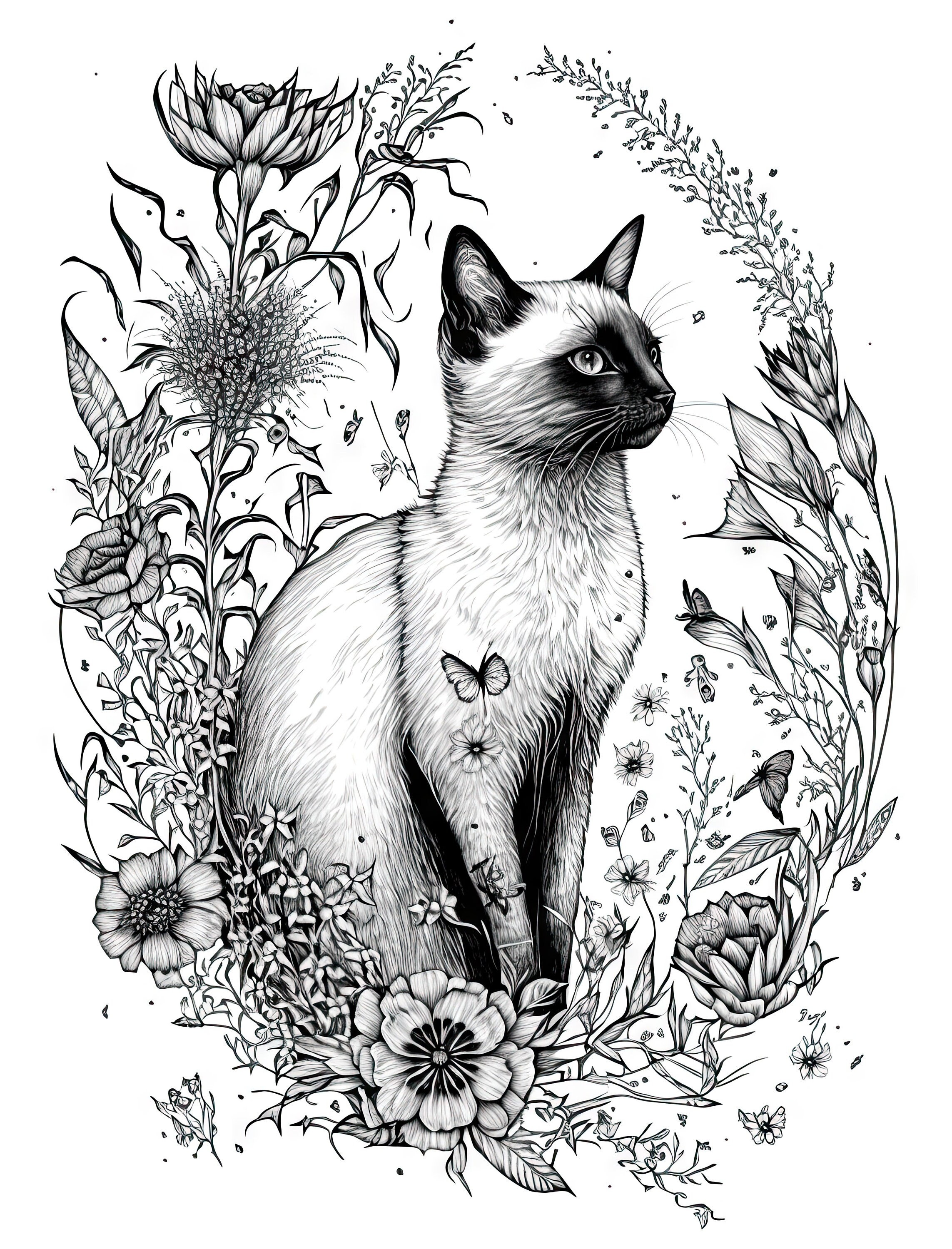 Siamese Cat Coloring Sheet, AI Generated Coloring Page of an Adorable
