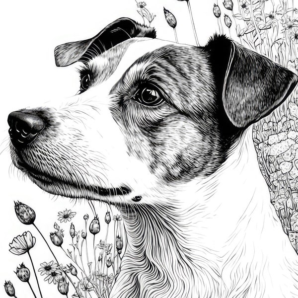 Jack Russell Terrier Adult Coloring Sheet, AI Generated Coloring Page of A Jack Russell Dog with Flowers, Instant Download