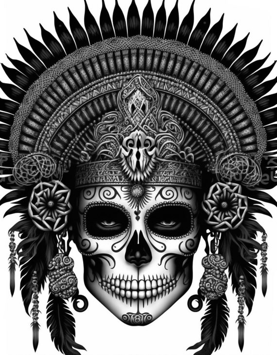 Aztec Warrior Skull Adult Coloring Page AI Machine (Instant