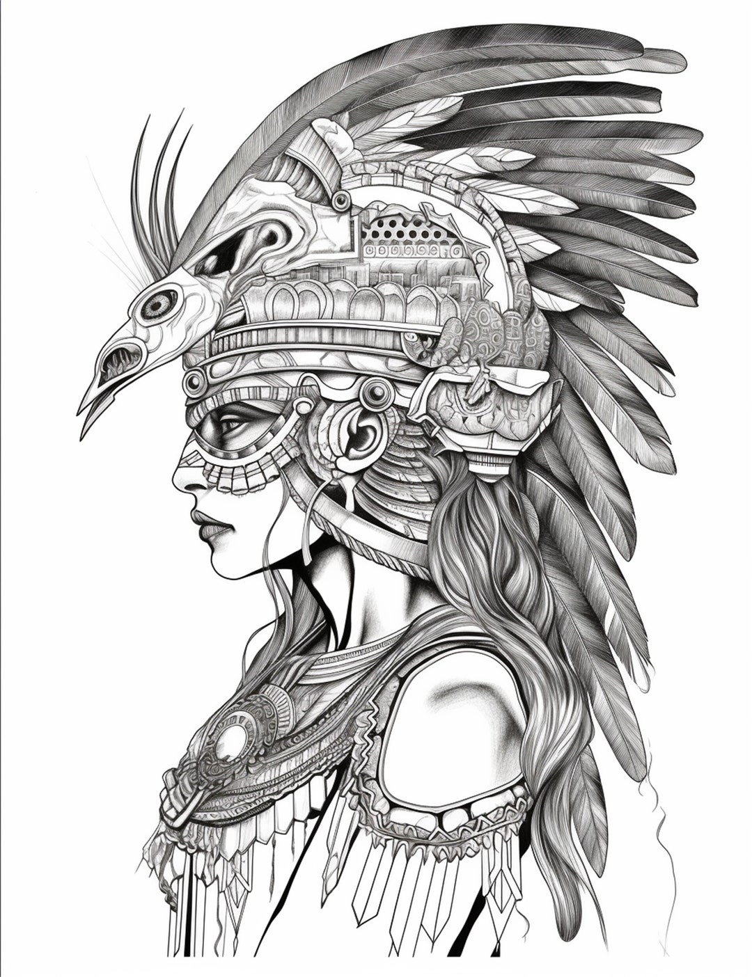 Aztec Warrior Goddess Coloring Page, Adult Coloring Sheet of the Face