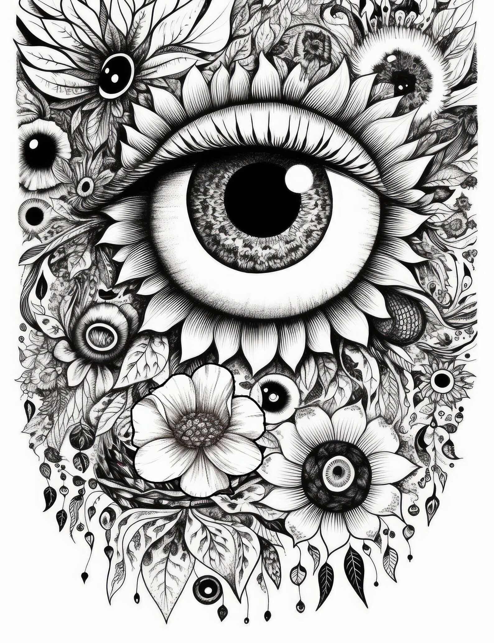 Psychedelic Eye With Daisies, Fantasy Adult Coloring Sheet of an Eye ...