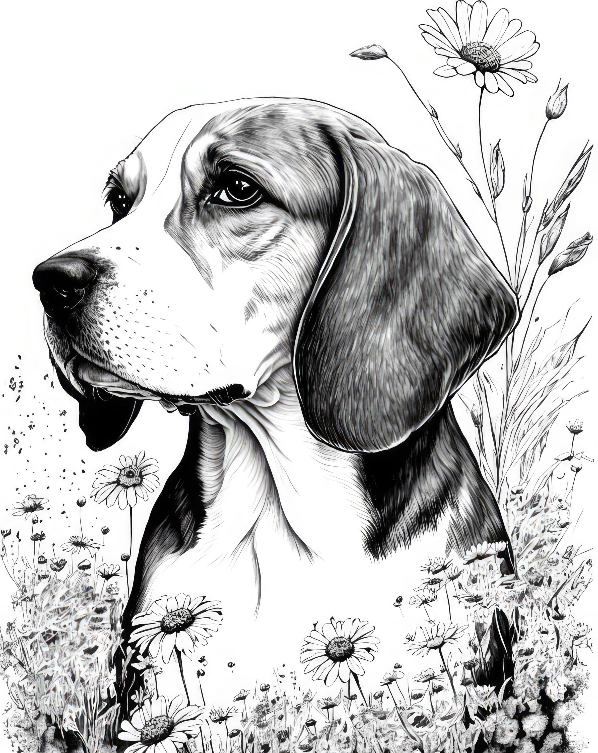 Feuille de coloriage Beagle, Page de coloriage générée par AI d'un chien  Beagle avec des fleurs, téléchargement immédiat -  France