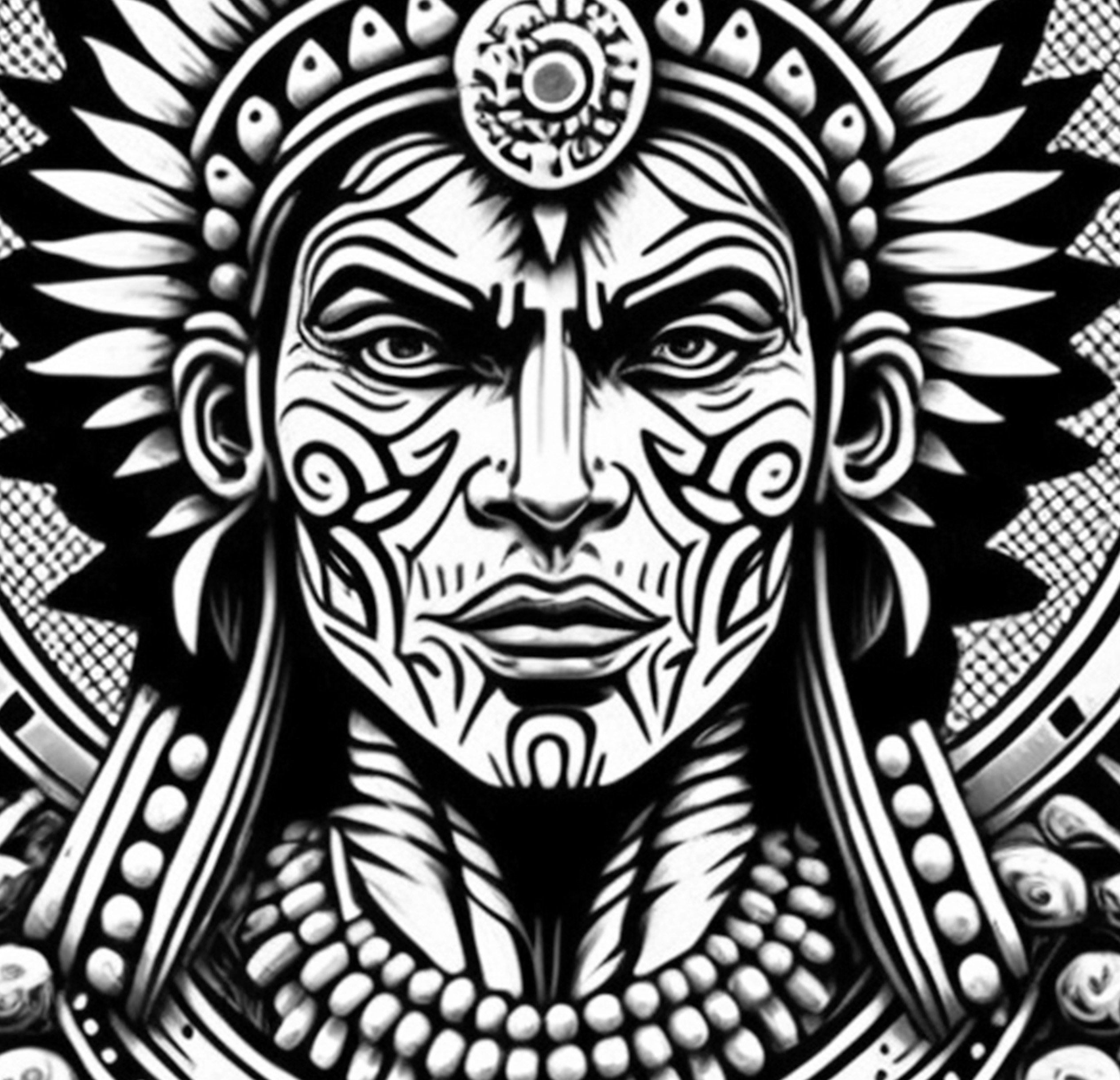 Aztec Warrior Coloring Page, Adult Coloring Sheet of the Face of a