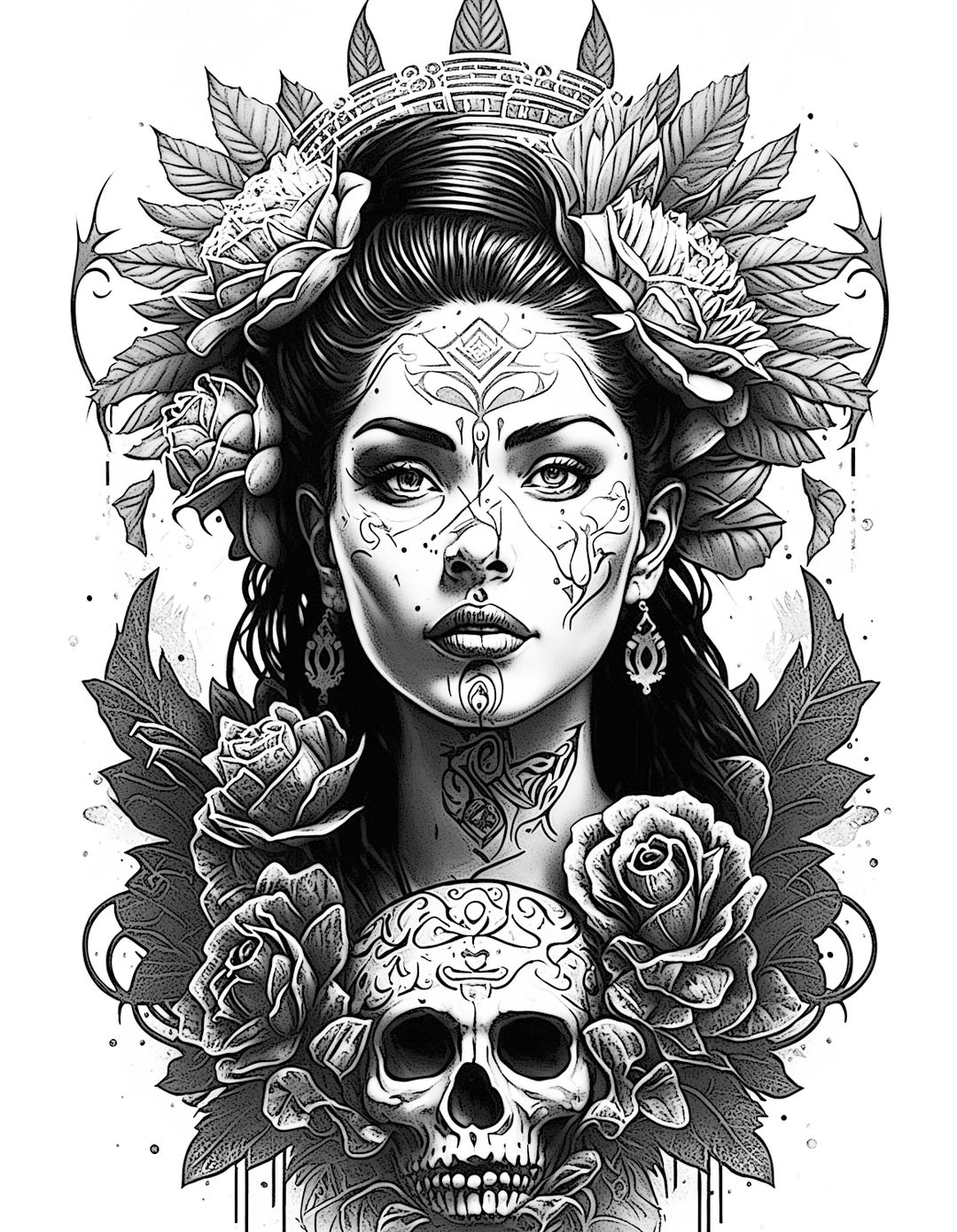 Xicana Rose Queen Coloring Page, Adult Coloring Sheet of the Face of a ...