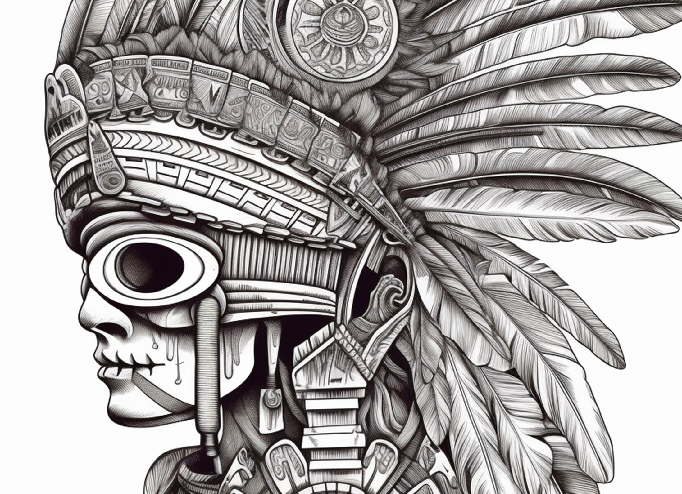 Aztec Warrior Skull Adult Coloring Page AI Machine (Instant