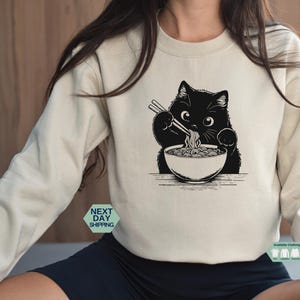 Noodle Cat Hoodie, Black Cat Ramen Sweatshirt, Ramen Cat Shirt, Gift for Mom, Cat Lover Gift, Foodie Lover Hoodie, Black Cat Shirt