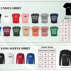 May include: A product image showcasing a variety of unisex t-shirts and long-sleeve shirts in various colors, including black, white, red, and blue. The image also includes a size chart with measurements in inches for unisex sizing, with widths ranging from 16.5 to 26 inches and lengths from 27 to 32 inches.