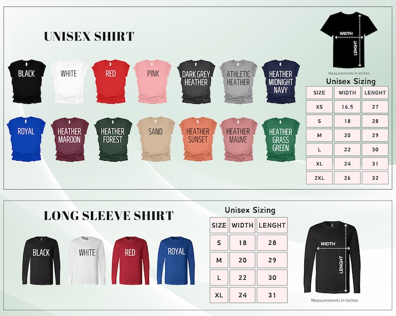 May include: A product image showcasing a variety of unisex t-shirts and long-sleeve shirts in various colors, including black, white, red, and blue. The image also includes a size chart with measurements in inches for unisex sizing, with widths ranging from 16.5 to 26 inches and lengths from 27 to 32 inches.