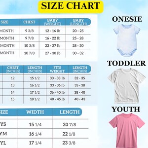 May include: Size chart for baby, toddler, and youth clothing. Includes measurements for chest, length, and weight in inches and pounds. The chart shows sizes for onesies, t-shirts, and youth shirts.