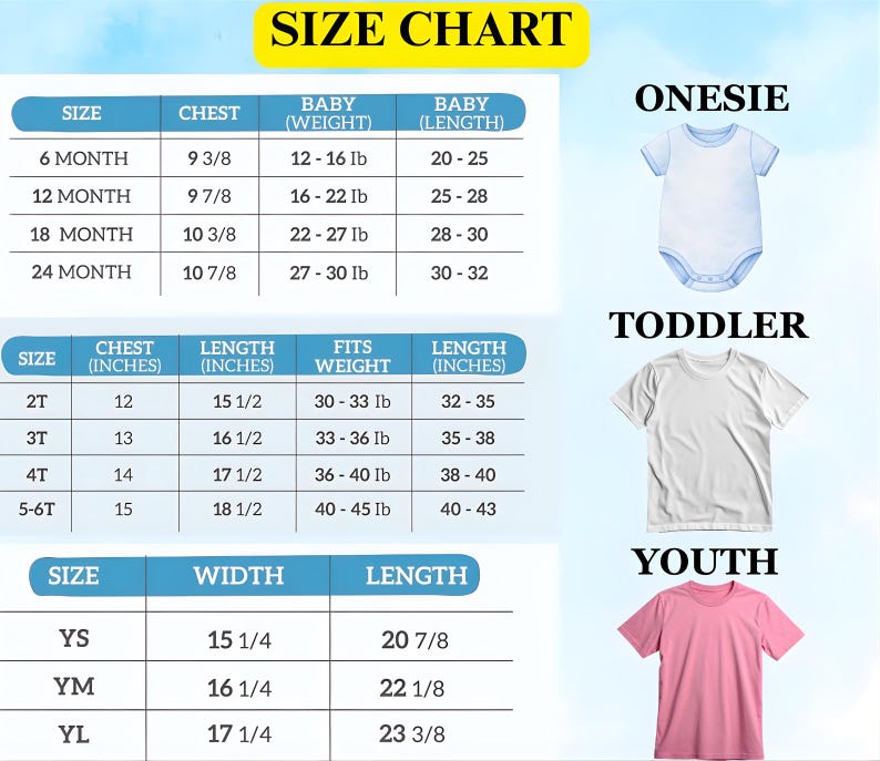 May include: Size chart for baby, toddler, and youth clothing. Includes measurements for chest, length, and weight in inches and pounds. The chart shows sizes for onesies, t-shirts, and youth shirts.