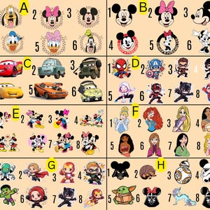 May include: A collection of colorful stickers featuring various cartoon characters. The stickers include Mickey Mouse, Minnie Mouse, Donald Duck, Spider-Man, Captain America, and characters from Disney movies like Cars and Princesses.
