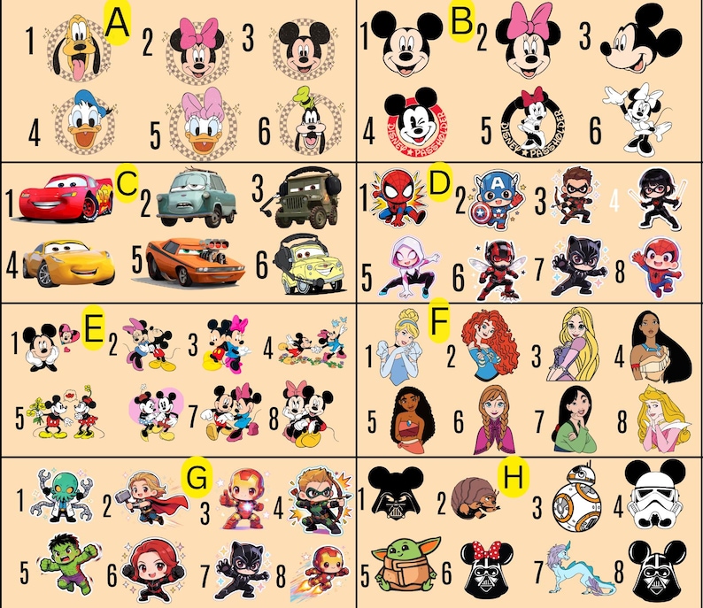 May include: A collection of colorful stickers featuring various cartoon characters. The stickers include Mickey Mouse, Minnie Mouse, Donald Duck, Spider-Man, Captain America, and characters from Disney movies like Cars and Princesses.