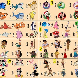 May include: A grid of colorful cartoon character ornaments and figurines. The image features characters from Disney movies, including Finding Nemo, Inside Out, Moana, and Mickey Mouse. Each character is numbered.