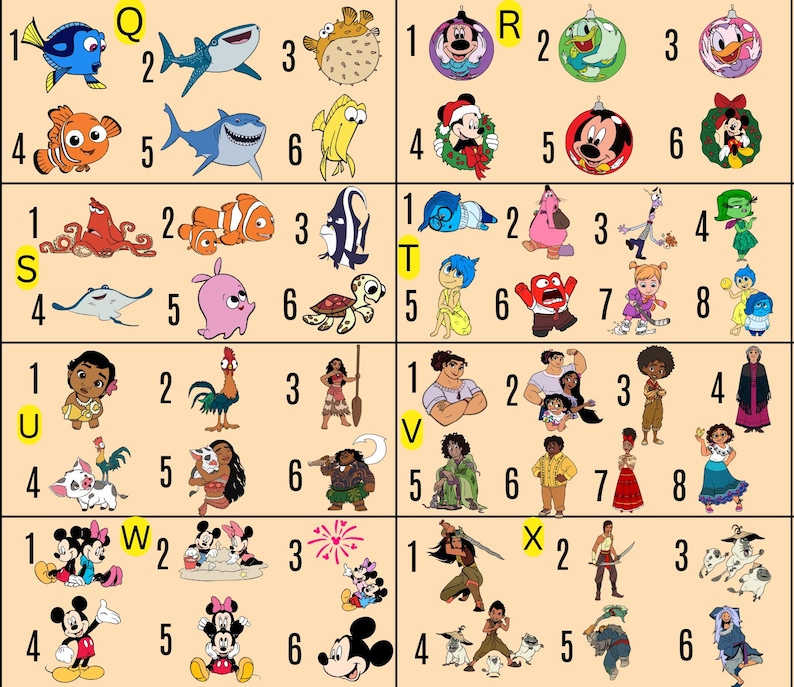 May include: A grid of colorful cartoon character ornaments and figurines. The image features characters from Disney movies, including Finding Nemo, Inside Out, Moana, and Mickey Mouse. Each character is numbered.
