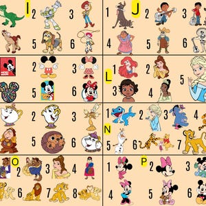 May include: A collection of cartoon character images, including Disney and Pixar characters. The images are arranged in a grid, featuring characters like Woody, Buzz Lightyear, Mickey Mouse, and Elsa.