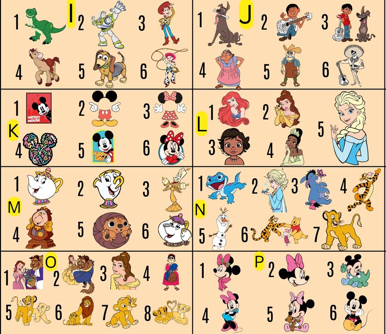 May include: A collection of cartoon character images, including Disney and Pixar characters. The images are arranged in a grid, featuring characters like Woody, Buzz Lightyear, Mickey Mouse, and Elsa.
