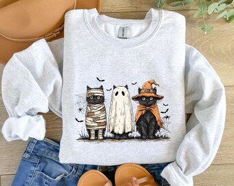 Halloween Cat Shirt, Spooky Black Cat Tee, Cute Ghost Cat tshirt, Witch Cat Halloween Sweatshirt, Funny Autumn Hoodie