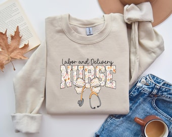 Nurse Labor and Delivery Floral Shirt, Cute Nurse Bow Tee, Stethoscope Graphic T-Shirt, Medical Worker Sweatshirt, RN Gift Hoodie