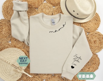 Custom Mama Sweatshirt With Kid Name On Sleeve, Personalized Mom Sweatshirt, Minimalist Mama Hoodie, Mother Shirt, Gift For Her