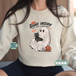 You&#39;re Dead Inside But Still Love Cats Sweatshirt, Funny Ghost Shirt, Black Cat Halloween Shirt, Vintage Halloween Shirt, Ghost Hoodie