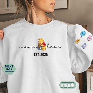 Custom Mama Bear Hoodie and Sweatshirt, Mother Day Shirt, Winnie the Pooh Mothers Days Sweatshirt, Mama Est with Kid Name on Sleeve