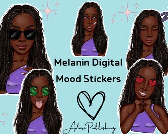 Puede incluir: Conjunto de cinco pegatinas digitales de humor que representan a una mujer negra con diferentes expresiones. Las pegatinas incluyen a una mujer con gafas de sol, una mujer con un termómetro en la boca, una mujer con signos de dinero sobre los ojos, una mujer con corazones sobre los ojos y una mujer con los ojos cerrados. El texto "Melanin Digital Mood Stickers" está escrito en el centro de la imagen.